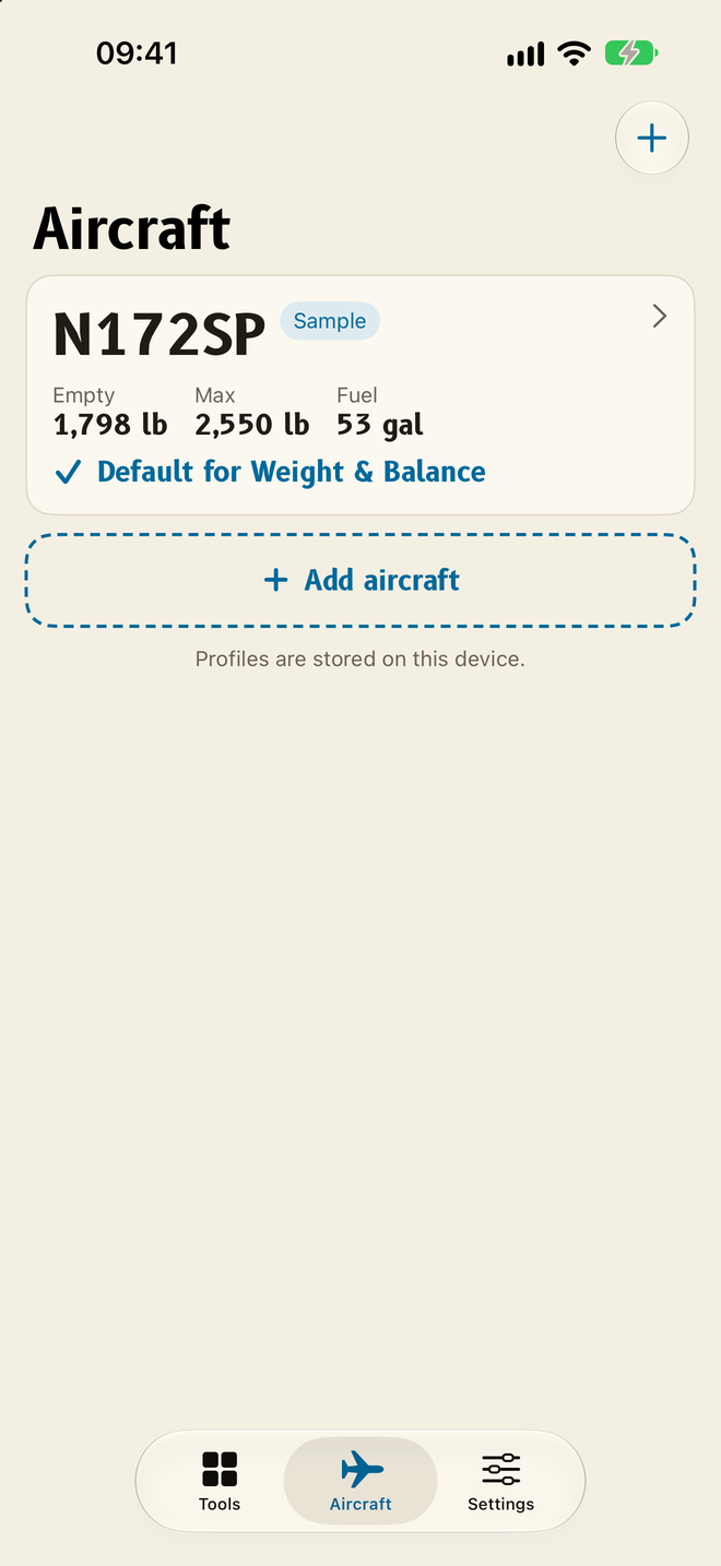 Aircraft tab with the sample N172SP profile