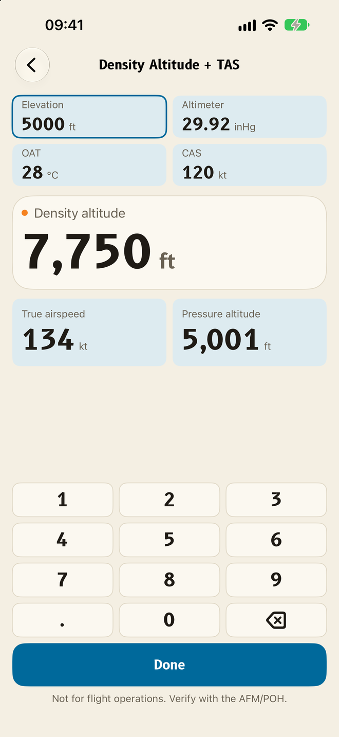 Density Altitude and true airspeed calculator screen