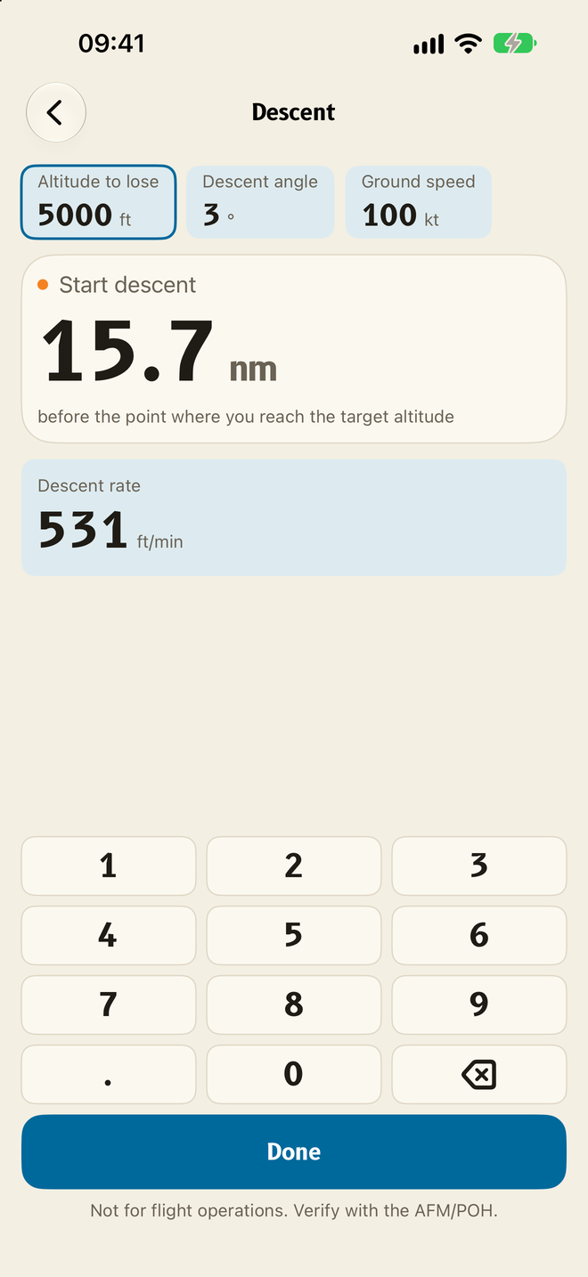 Descent calculator screen