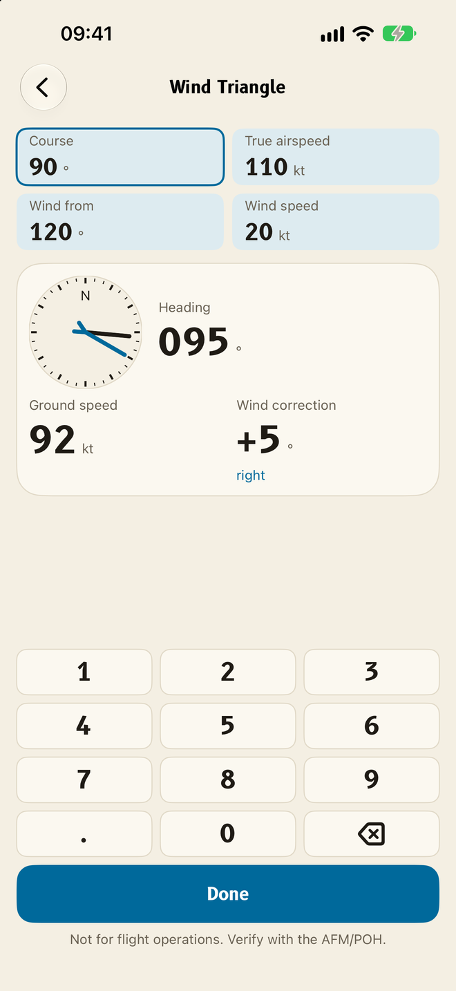 Wind Triangle calculator screen